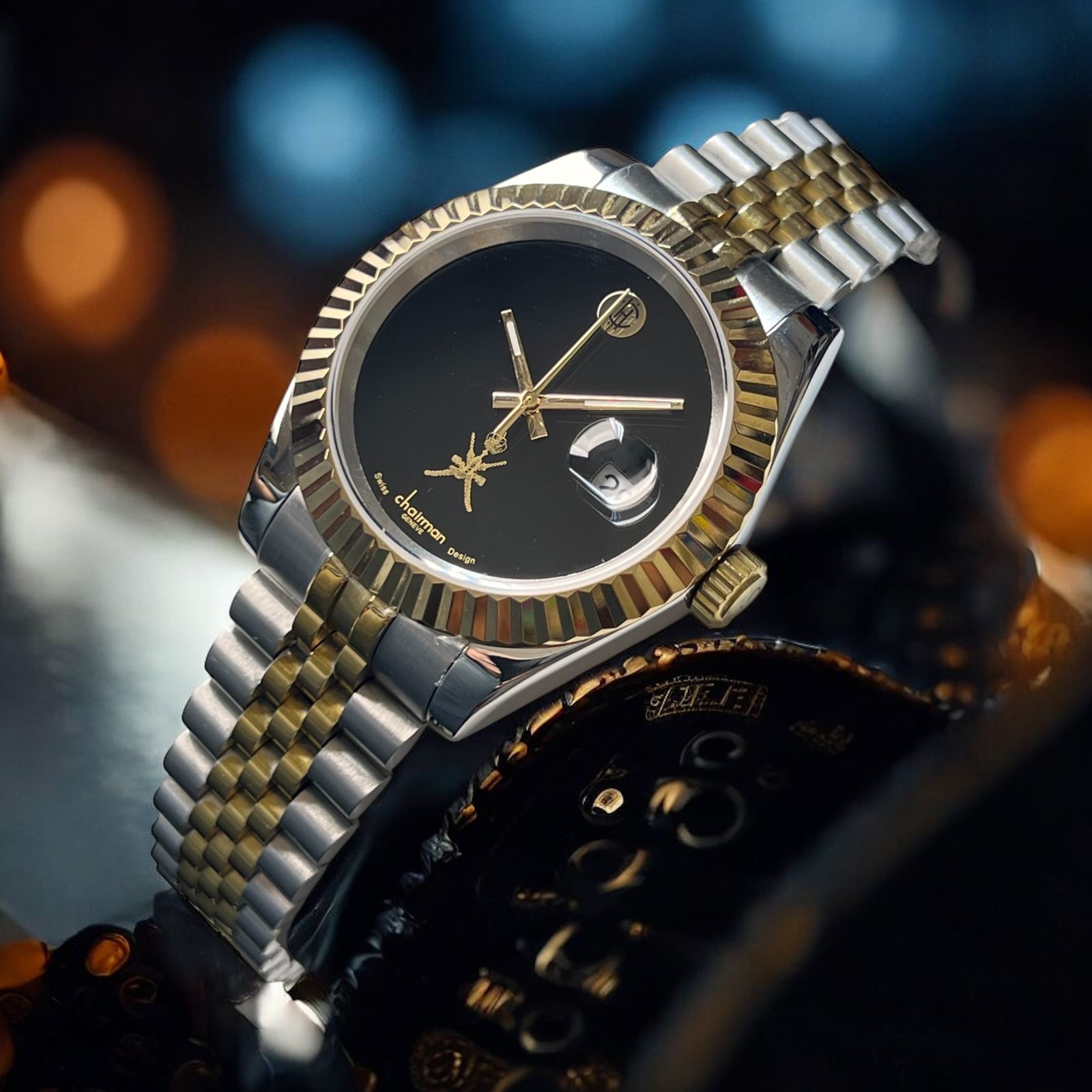 Chairman Geneve OMAN Emblem Dated Black Dial Silver Gold Chain Gents Watch