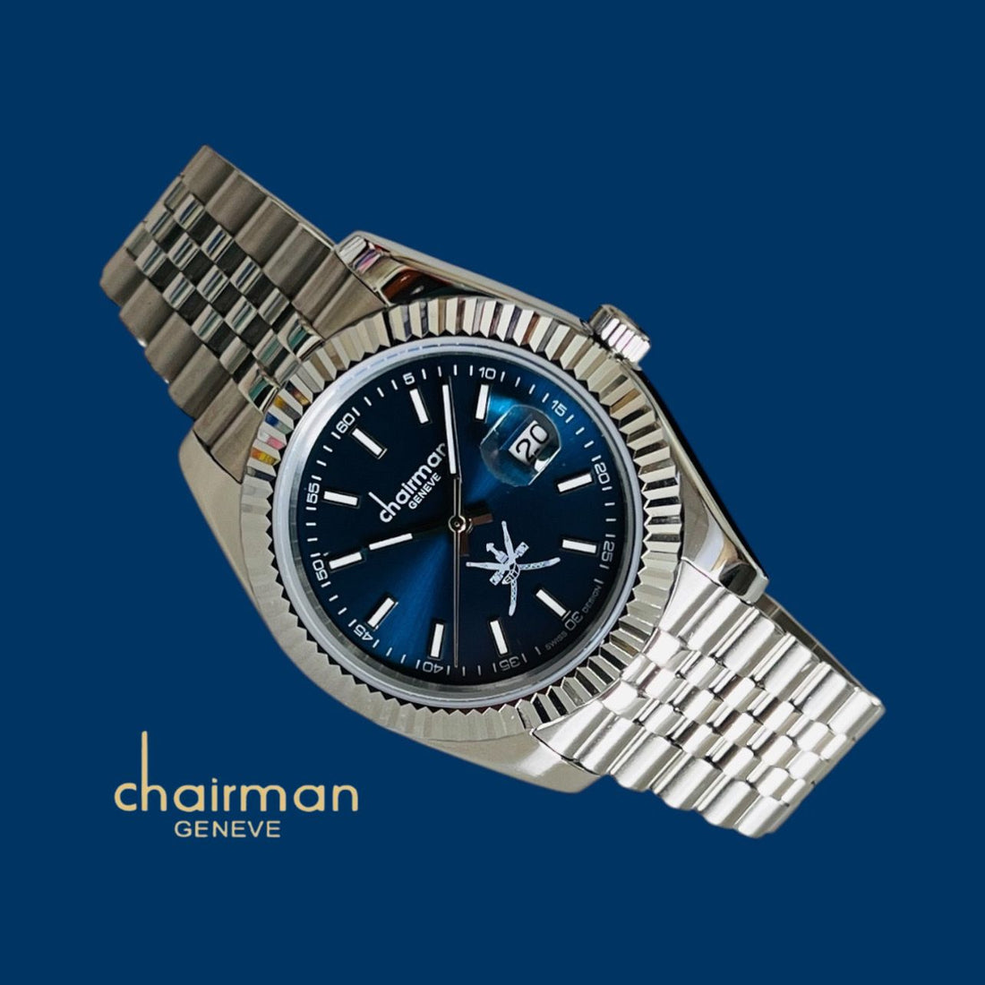 Chairman Geneve OMAN Emblem Dated Blue Dial Silver Chain Gents Watch