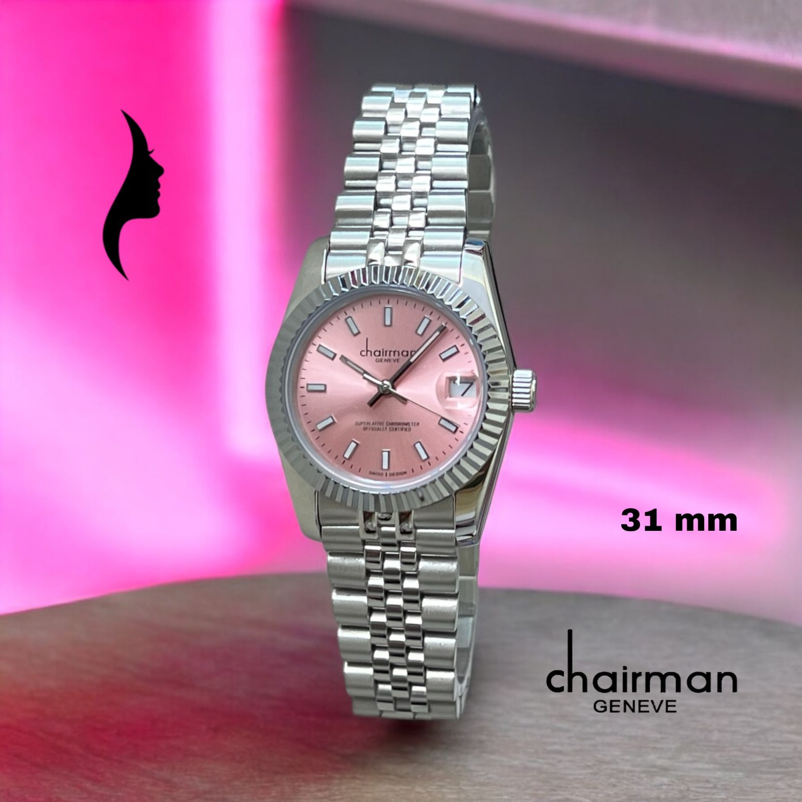 Chairman Geneve Pink Dated Dial Silver Strap Gents Watch
