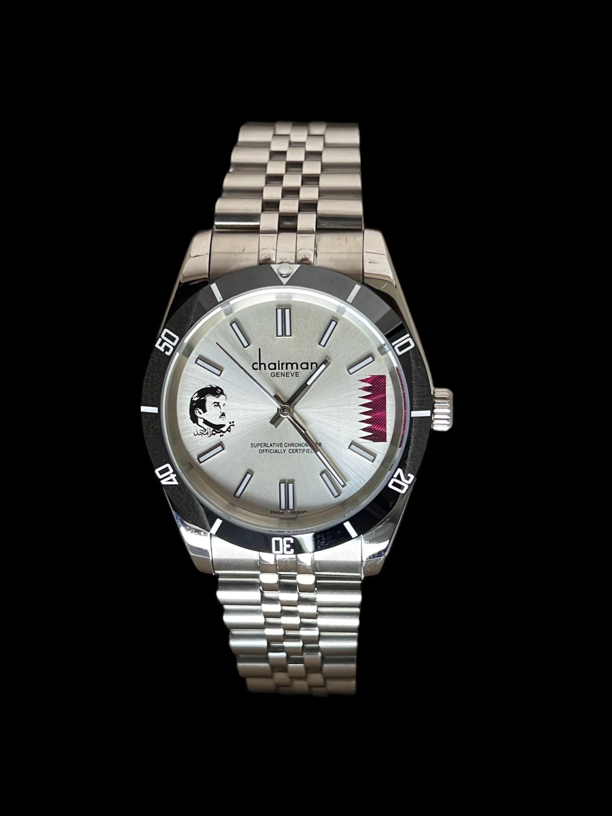 Chairman Geneve QATAR Flag With Ameer Photo Baby Grey Dial Silver Chain Gents Watch