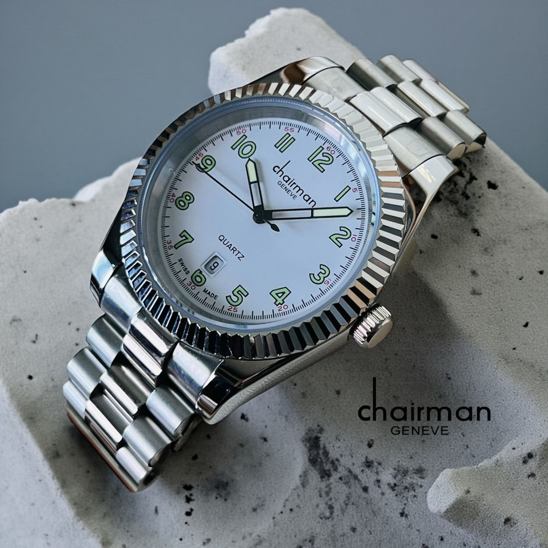 Chairman Geneve Quartz Dated Baby Blue Dial Silver Chain Gents Watch