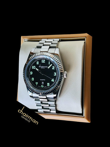 Chairman Geneve Quartz Dated Black Dial Silver Chain Gents Watch