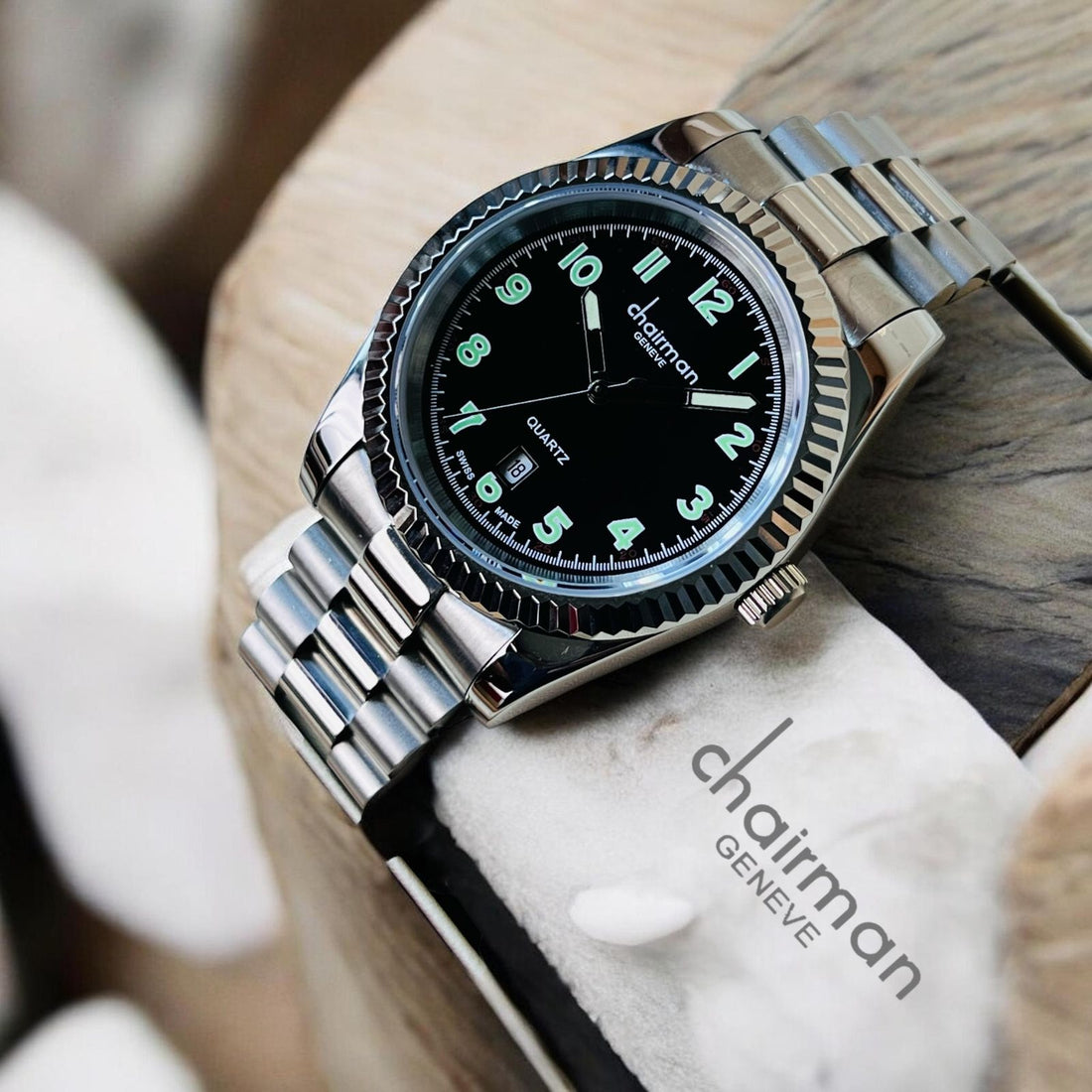 Chairman Geneve Quartz Dated Black Dial Silver Chain Gents Watch