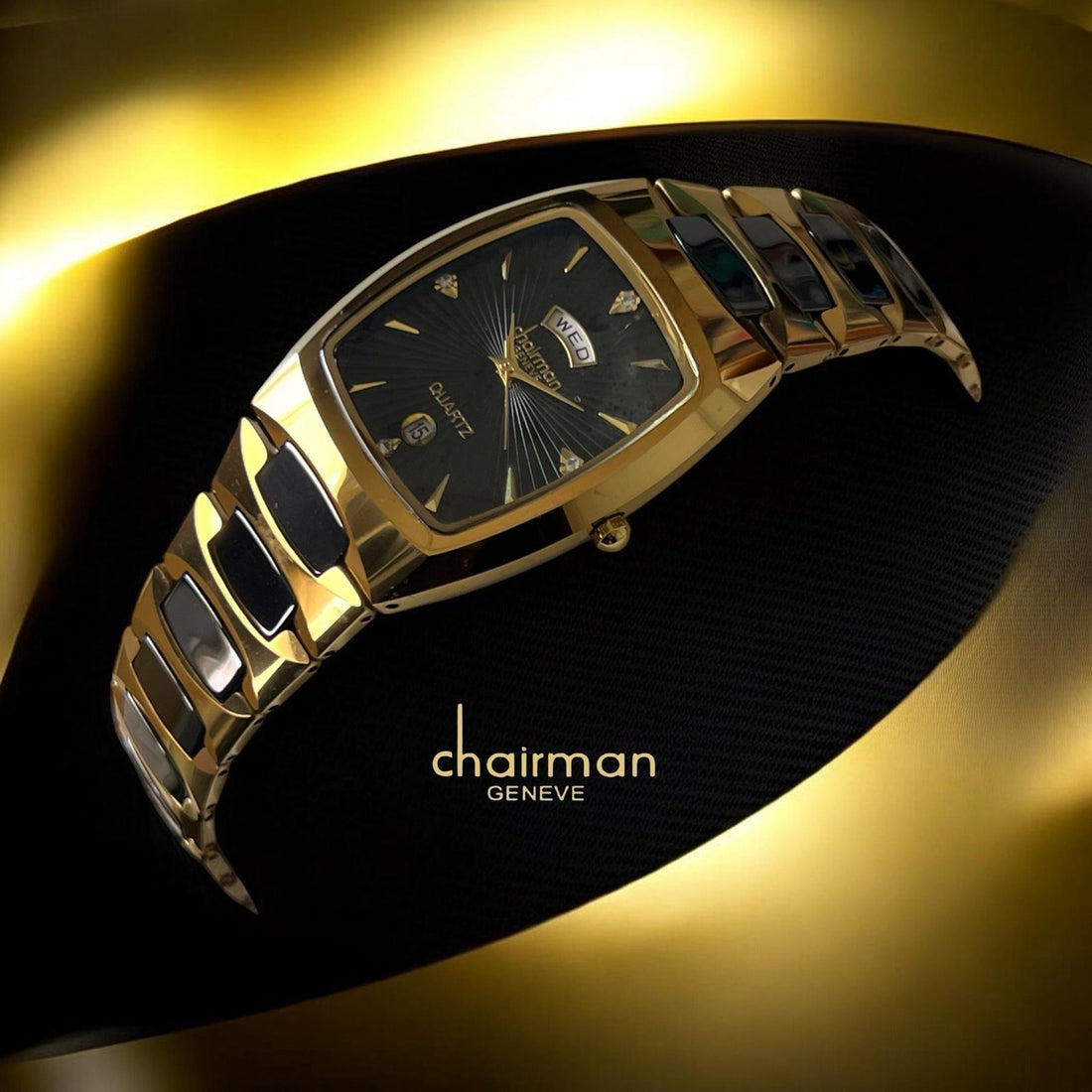 Chairman Geneve Quartz Day And Dated Dial Black And Gold Gents Watch