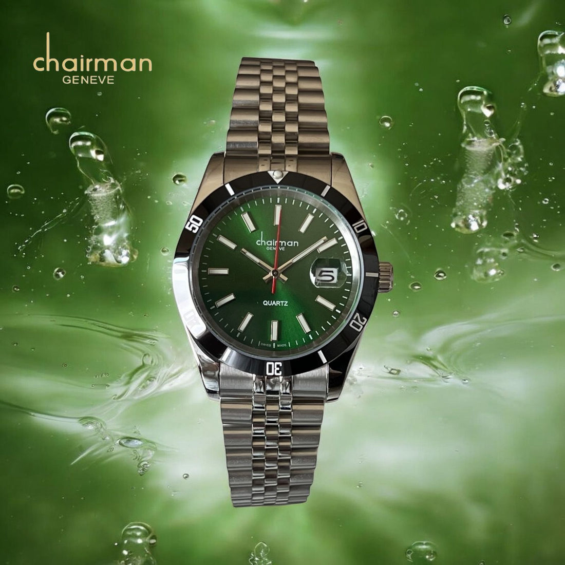 Chairman Geneve Quartz Green Dated Dial Silver Chain Gents Watch