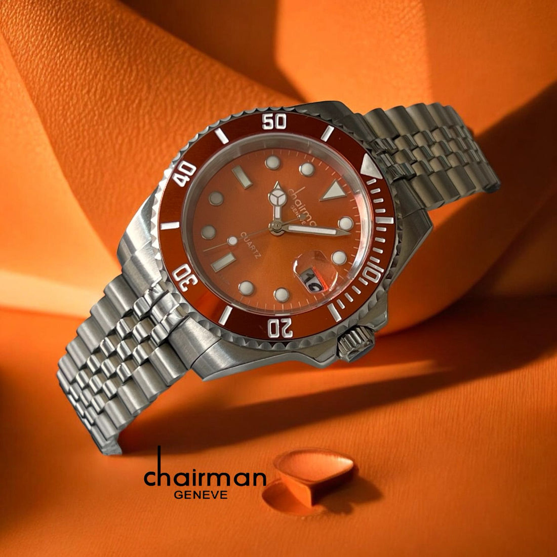 Chairman Geneve Quartz Orange Dated Dial Silver Chain Gents Watch