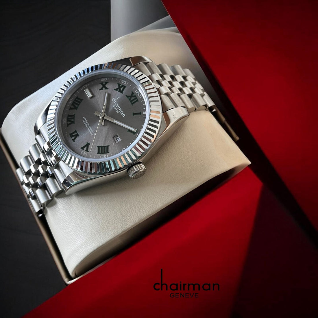 Chairman Geneve Roman Dated Grey Dial Silver Chain Gents Watch
