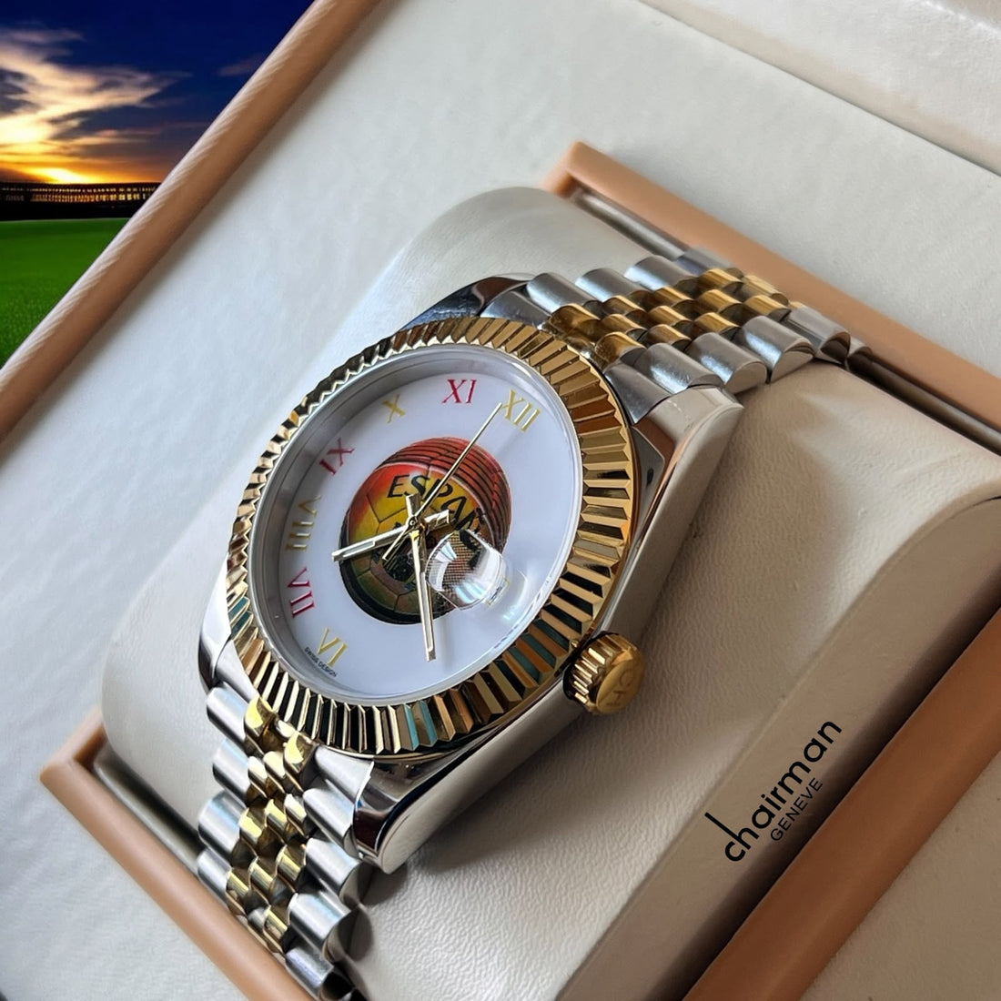 Chairman Geneve Roman White SPAIN Football Dated Dial Silver And Gold Chain Gents Watch