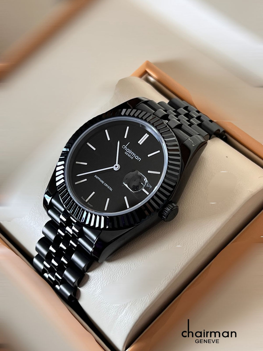 Chairman Geneve Sapphire Crystal Black Dated Dial Black Chain Gents Watch