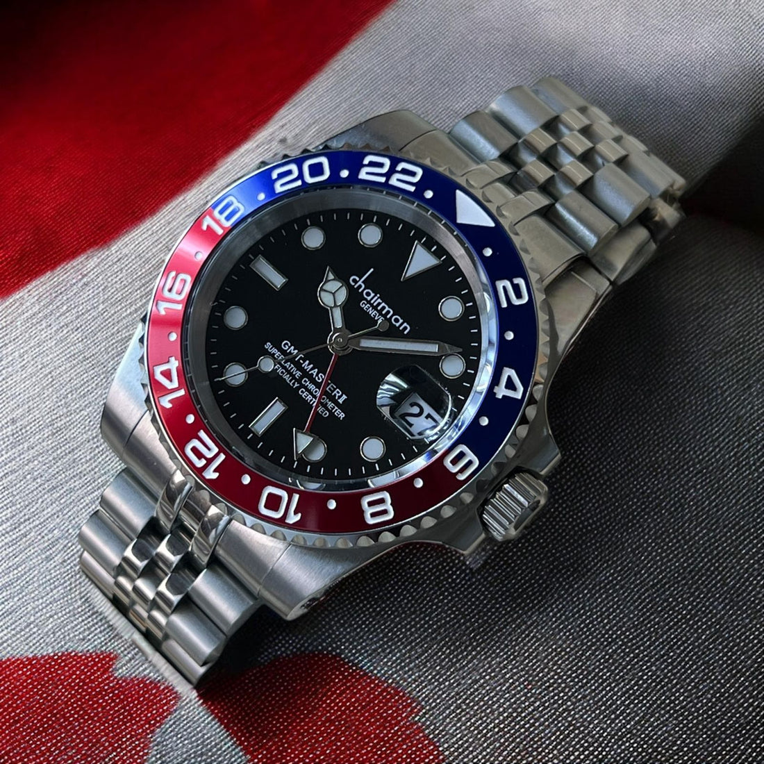 Chairman Geneve Superlative Chronometer Dated Black Dial Silver Chain Gents Watch