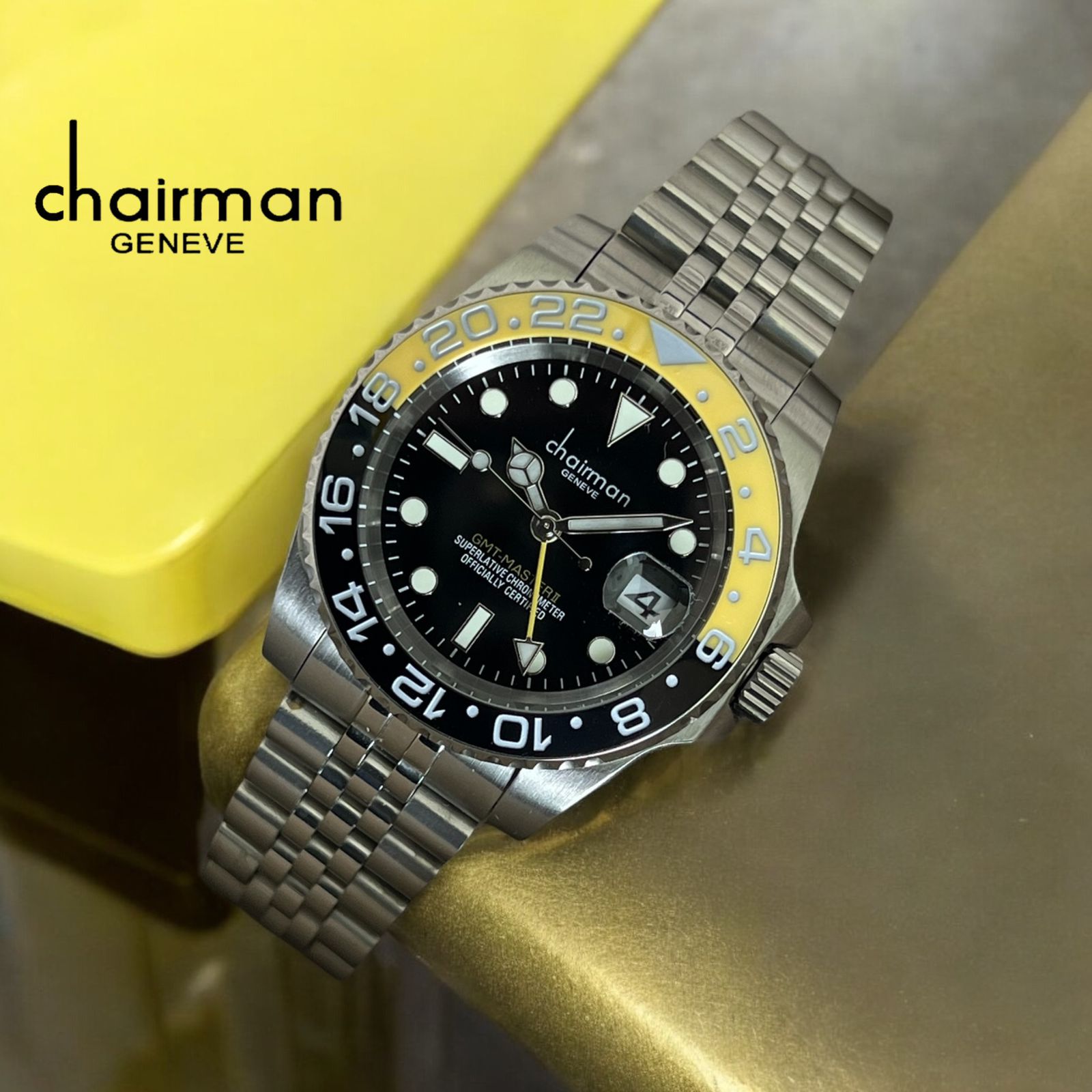 Chairman Geneve Superlative Chronometer Dated Black Dial Silver Strap Gents Watch