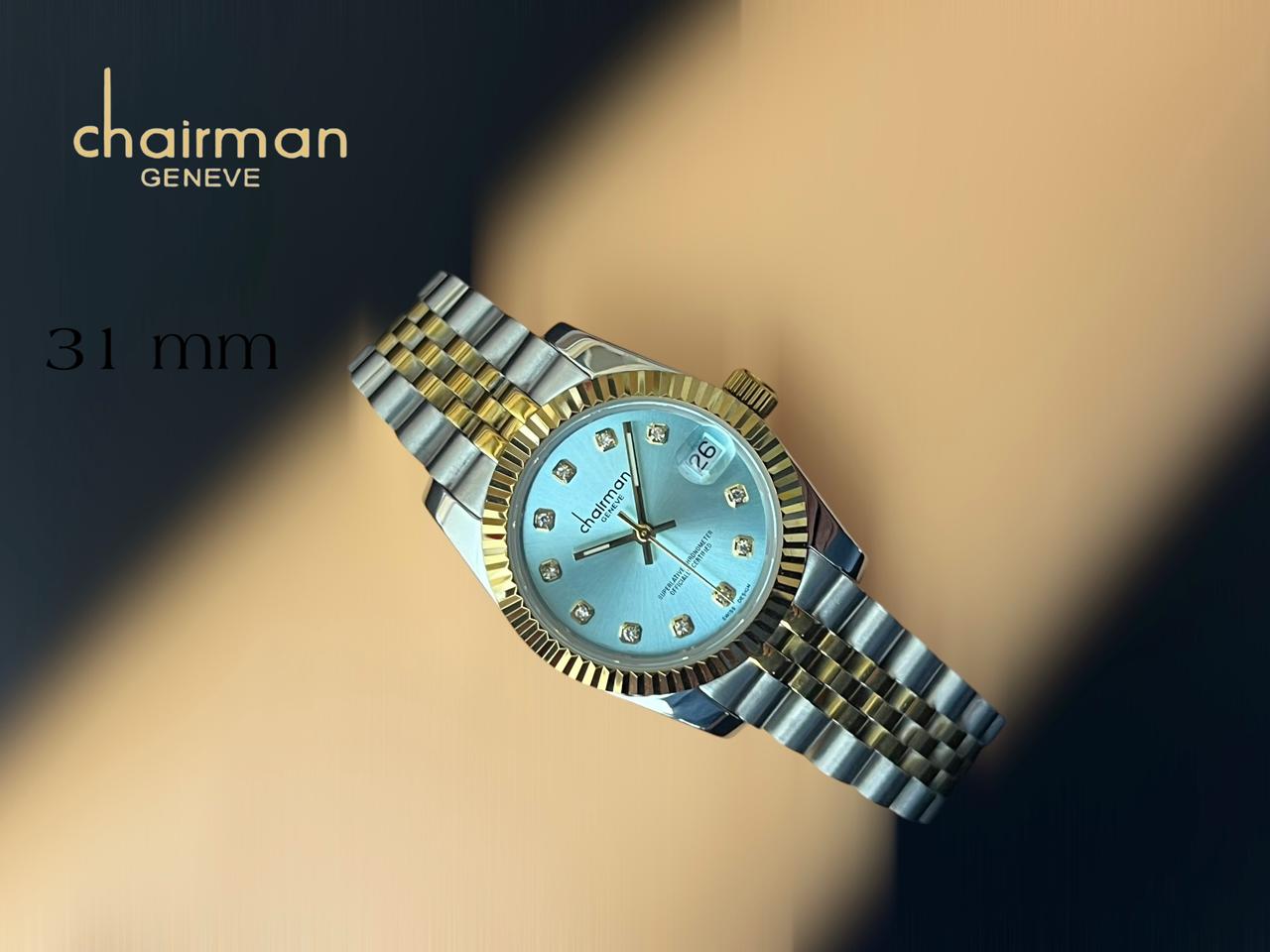 Chairman Geneve Superlative Chronometer Sky Blue Dated Dial Silver And Gold Strap Gents Watch