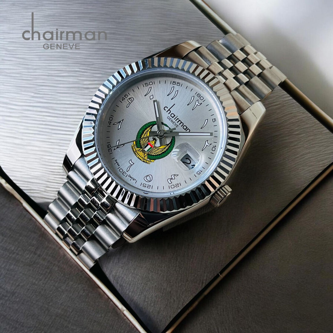 Chairman Geneve Swiss Design Arabic Baby Grey Dated Dial Silver Chain Gents Watch