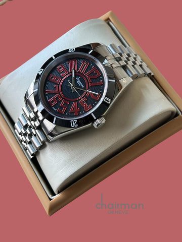 Chairman Geneve Swiss Design Black And Red Dial Silver Chain Gents Watch