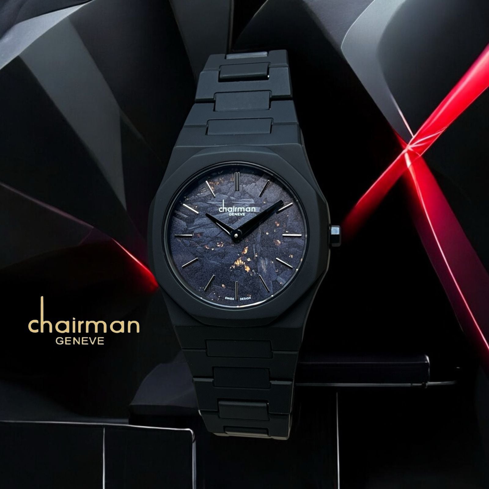 Chairman Geneve Swiss Design Black Marble Dial Black Gents Watch