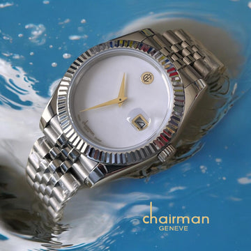 Chairman Geneve Swiss Design Dated White Dial Silver Chain Gents Watch