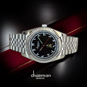 Chairman Geneve Swiss Design OMAN Emblem Black Arabic Dial Silver Chain Gents Watch