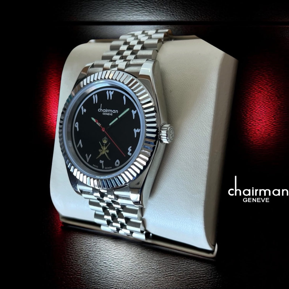 Chairman Geneve Swiss Design OMAN Emblem Black Arabic Dial Silver Chain Gents Watch