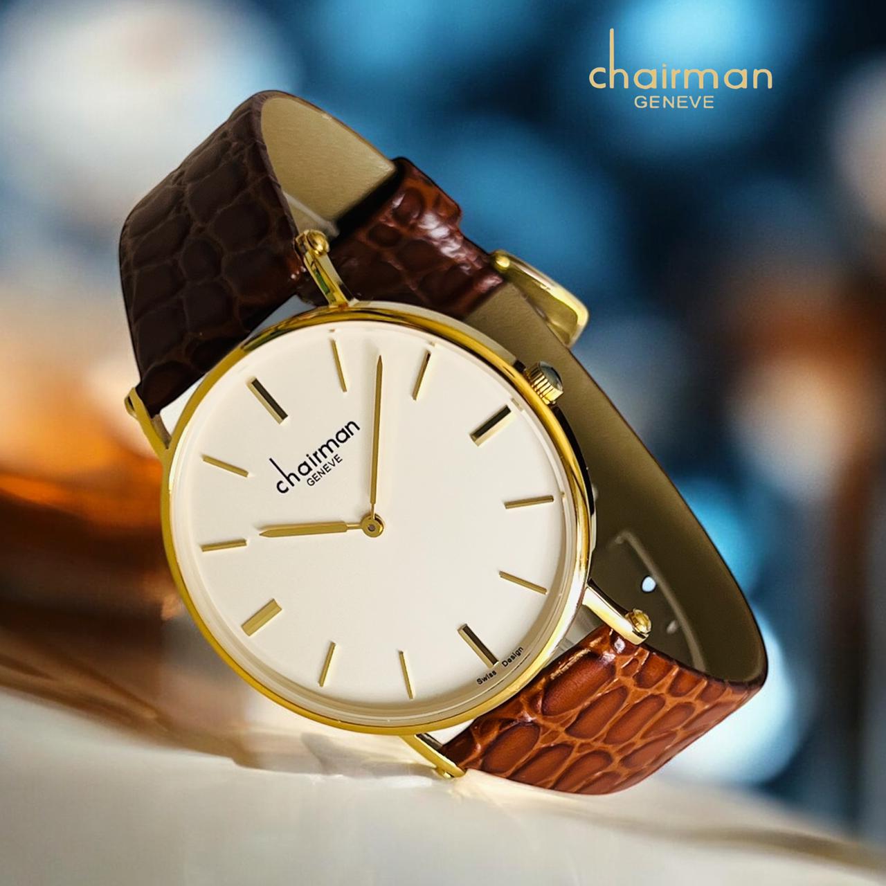 Chairman Geneve Swiss Design White Dial Brown Strap Watch