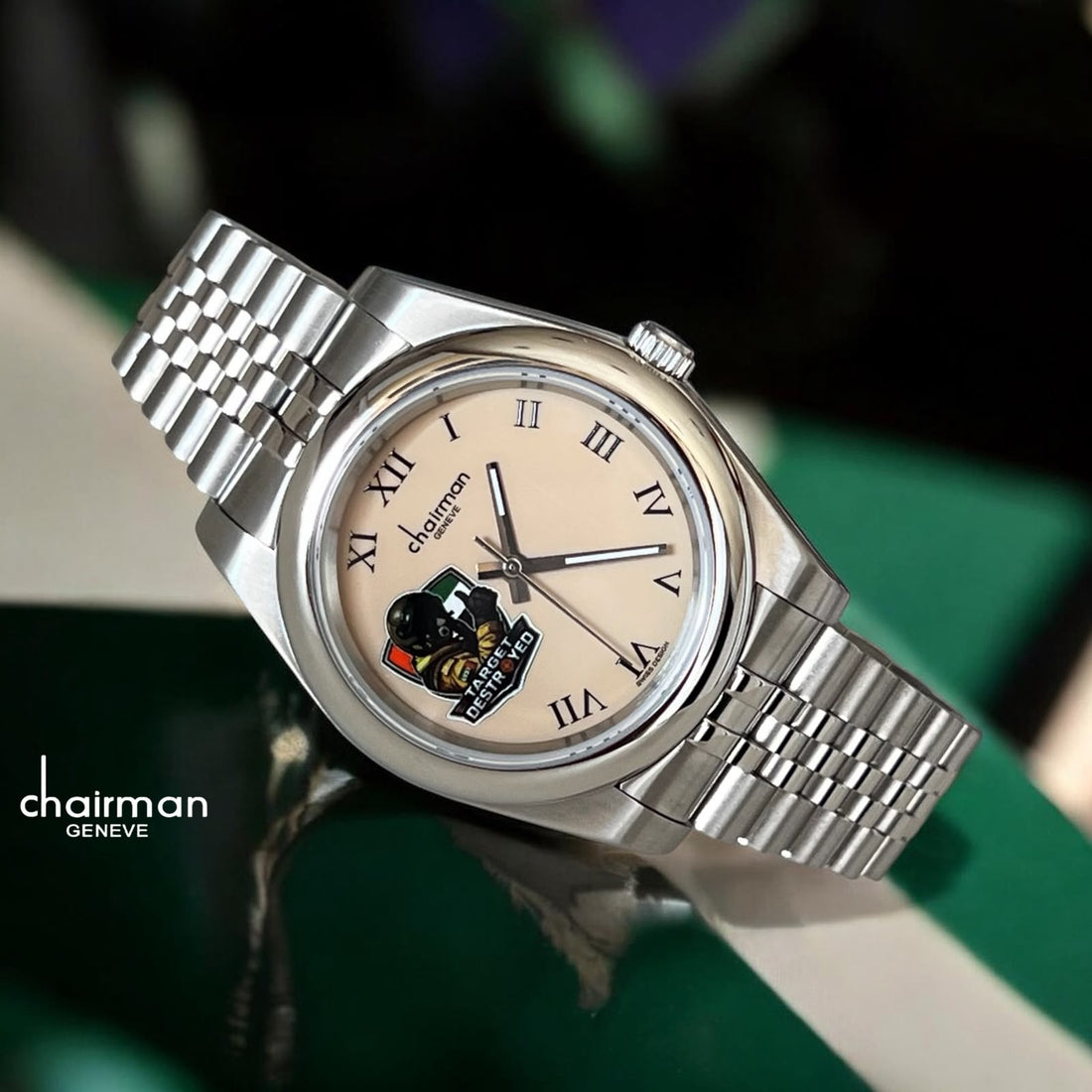 Chairman Geneve Target Destroyed Beige Roman Dial Silver Chain Gents Watch