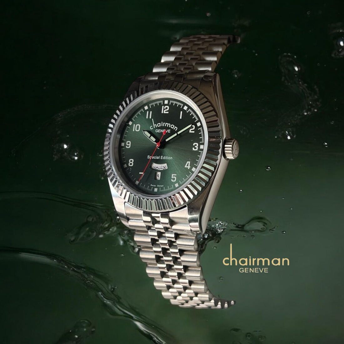 Chairman Geneve The Day And Date Debate Green Dial Silver Chain Gents Watch