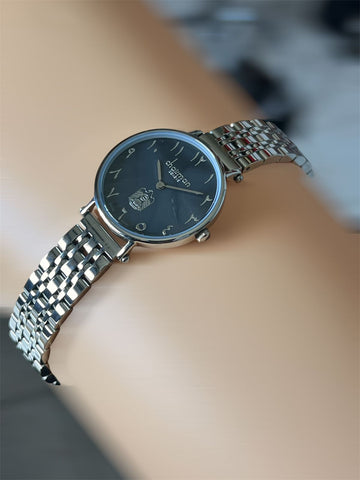 Chairman Geneve UAE Emblem Arabic Black Dial Silver Chain Ladies Watch
