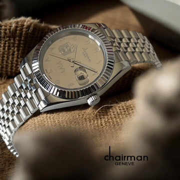 Chairman Geneve UAE Emblem Arabic Dated Beige Dial Silver Chain Gents Watch
