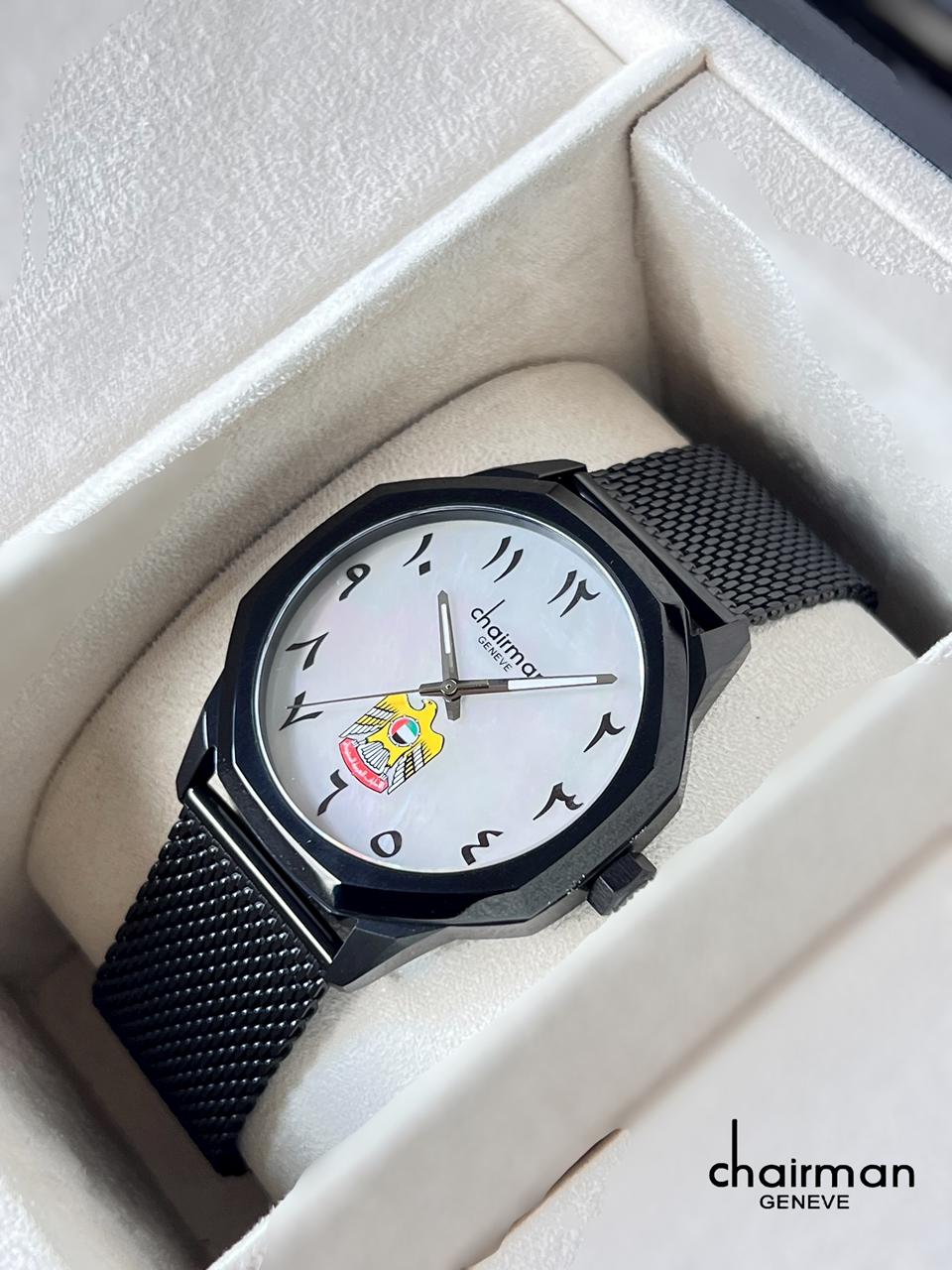 Chairman Geneve UAE Emblem Arabic White Marble Dial Black Chain Gents Watch