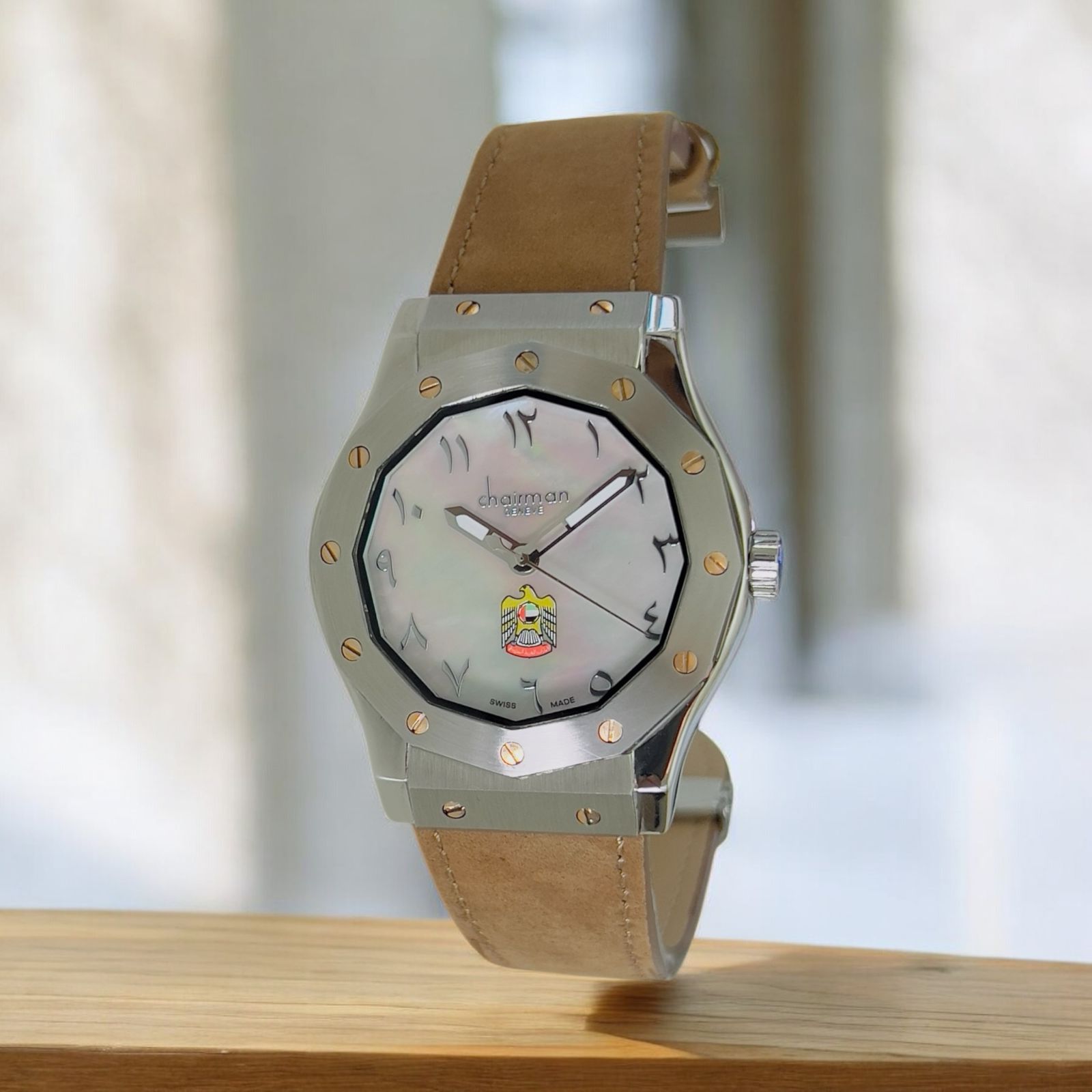 Chairman Geneve UAE Emblem Arabic White Marble Dial Brown Strap Gents Watch