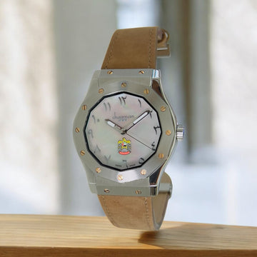 Chairman Geneve UAE Emblem Arabic White Marble Dial Brown Strap Gents Watch