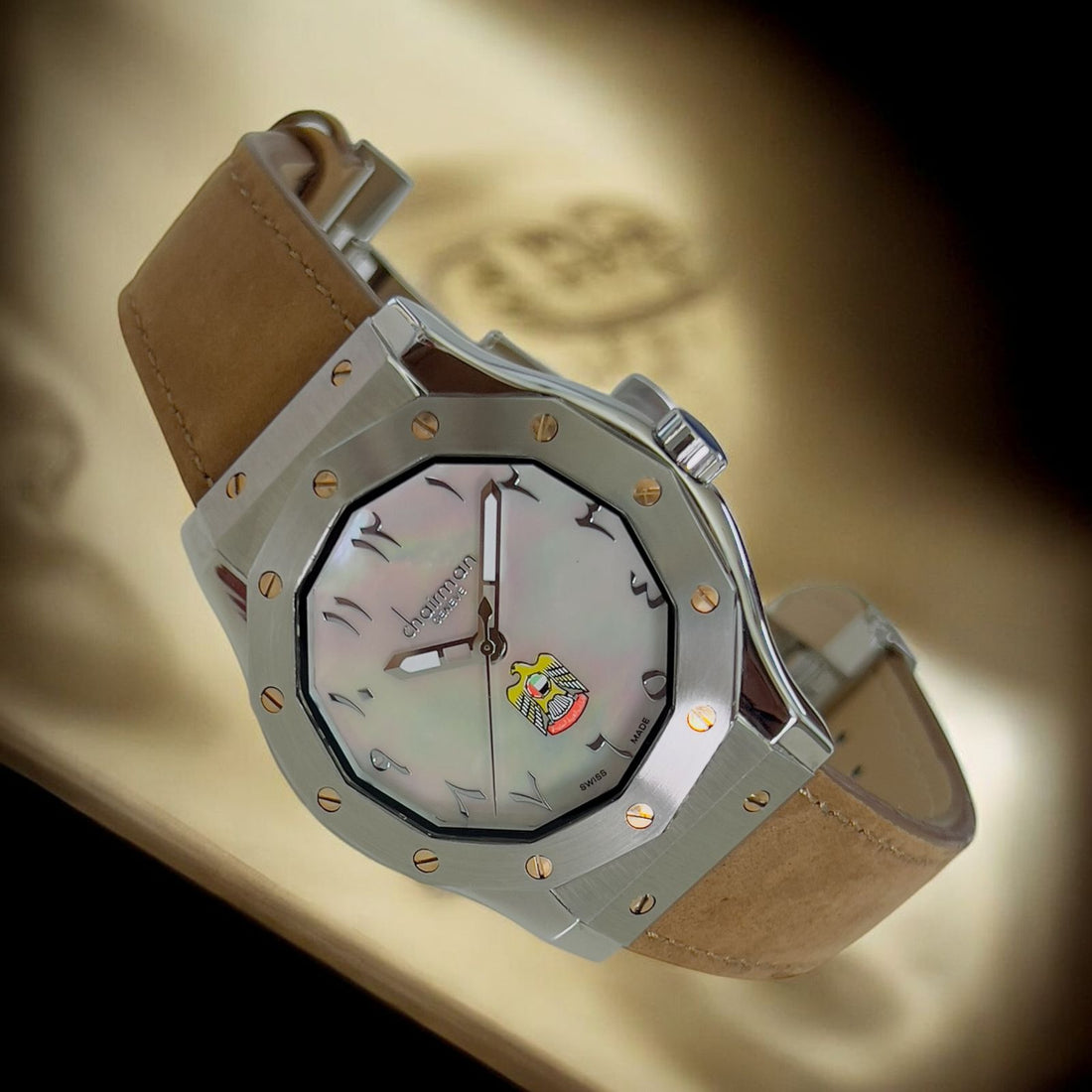 Chairman Geneve UAE Emblem Arabic White Marble Dial Brown Strap Gents Watch