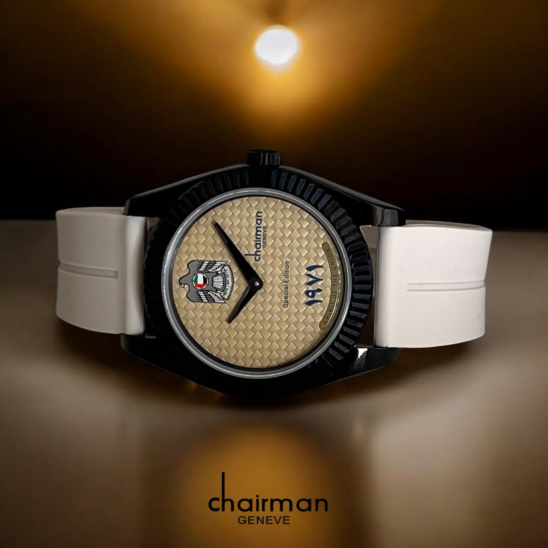 Chairman Geneve UAE Emblem Beige Dial Grey Strap Gents Watch