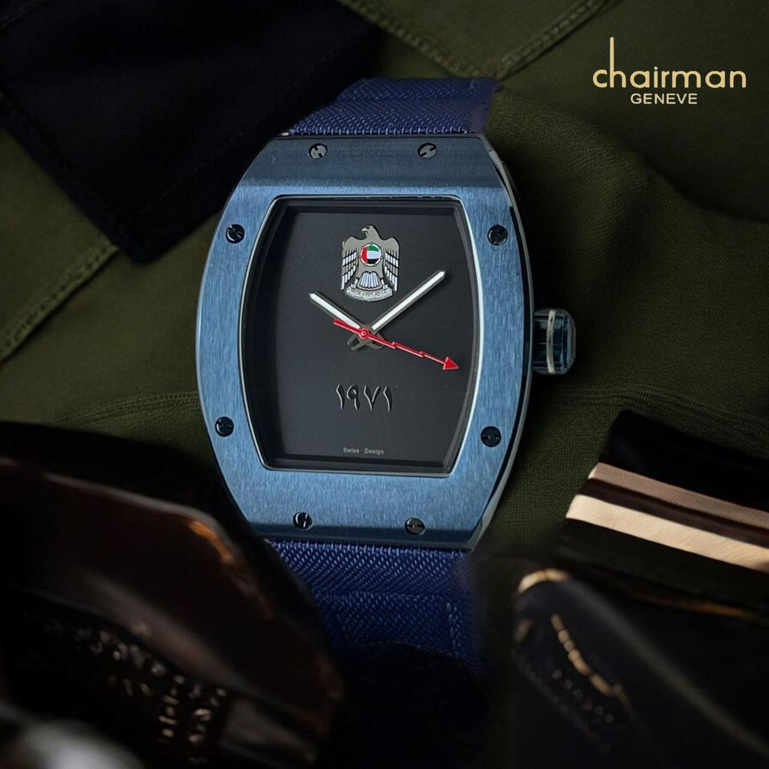 Chairman Geneve UAE Emblem Black Dial Blue Strap Gents Watch