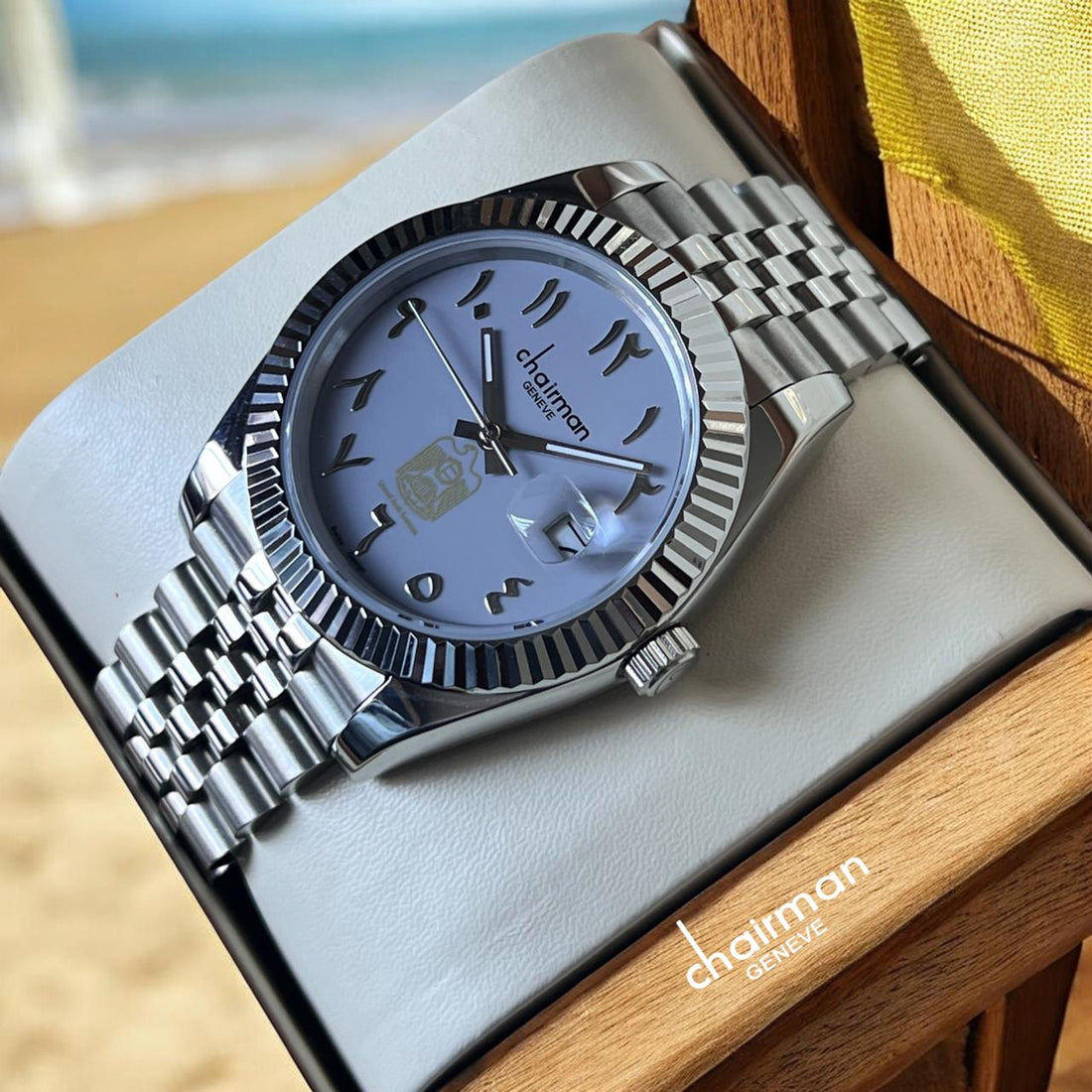 Chairman Geneve UAE Emblem Dated Arabic Baby Blue Dial Silver Chain Gents Watch