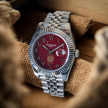 Chairman Geneve UAE Emblem Dated Arabic Maroon Dial Silver Chain Gents Watch