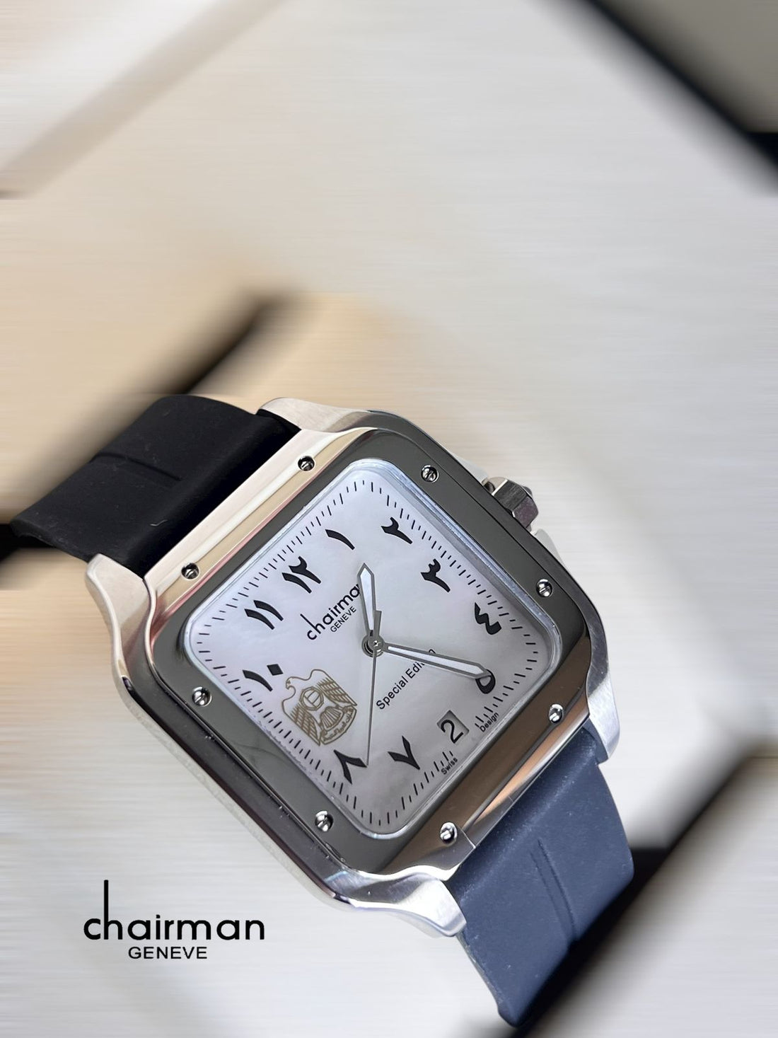 Chairman Geneve UAE Emblem Dated Arabic White Dial Navy Blue Strap Gents Watch