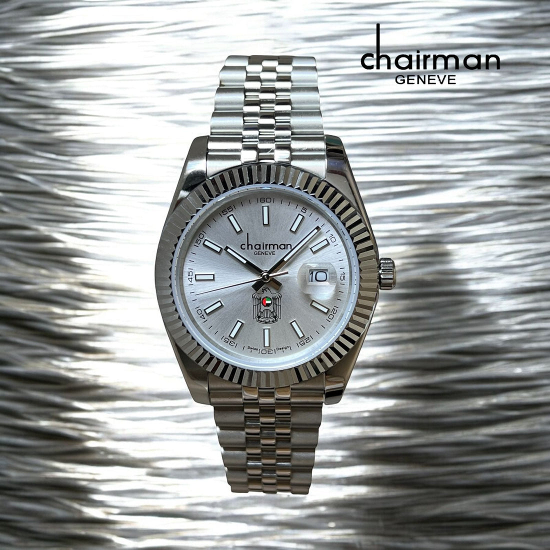 Chairman Geneve UAE Emblem Dated Baby Grey Dial Silver Chain Gents Watch