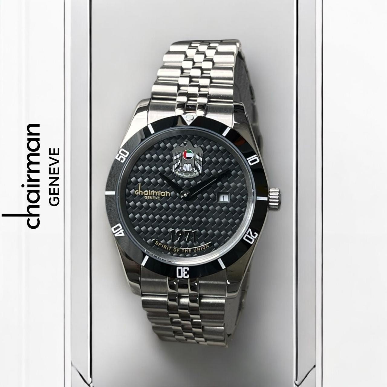 Chairman Geneve UAE Emblem Dated Black Dial Silver Chain Gents Watch
