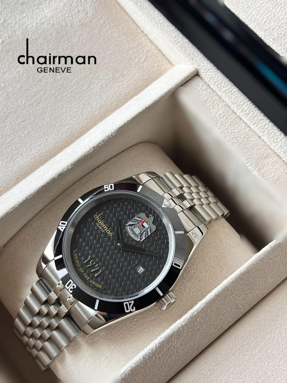 Chairman Geneve UAE Emblem Dated Black Dial Silver Chain Gents Watch