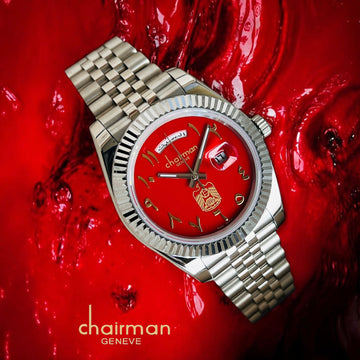 Chairman Geneve UAE Emblem Dated Red Dial Silver Chain Gents Watch