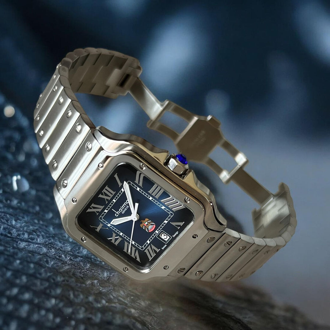 Chairman Geneve UAE Emblem Dated Roman Blue Dial Silver Chain Gents Watch