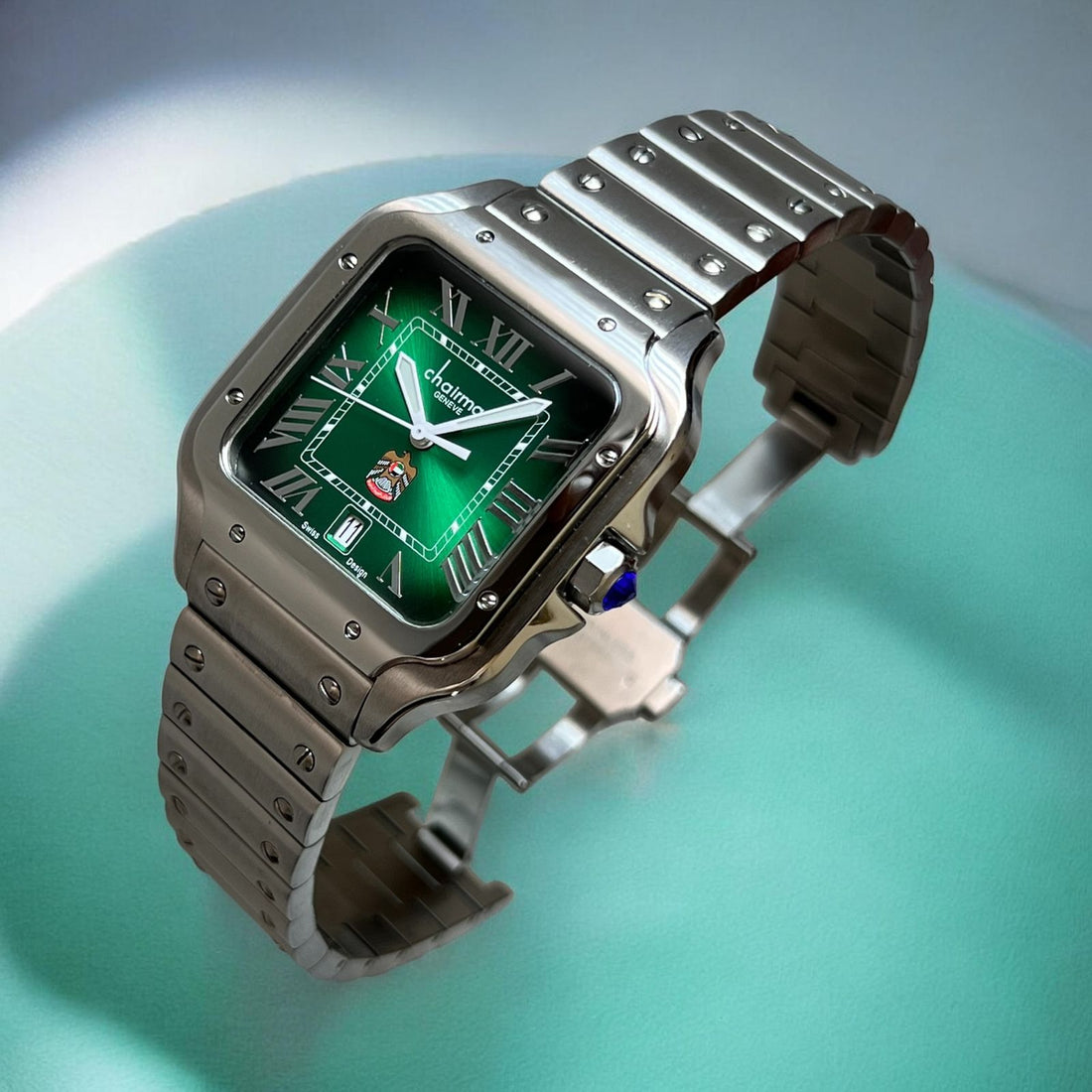 Chairman Geneve UAE Emblem Dated Roman Green Dial Silver Chain Gents Watch