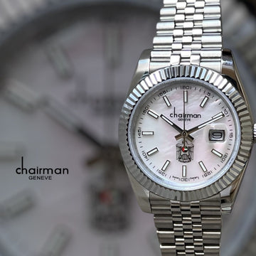 Chairman Geneve UAE Emblem Dated White Dial Silver Chain Gents Watch