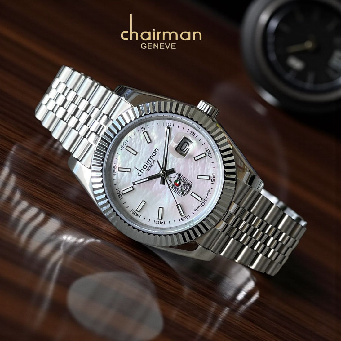 Chairman Geneve UAE Emblem Dated White Dial Silver Chain Gents Watch
