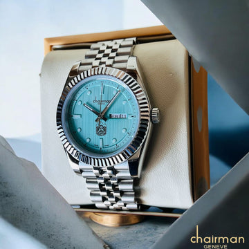 Chairman Geneve UAE Emblem Day And Dated Baby Blue Dial Silver Chain Gents Watch