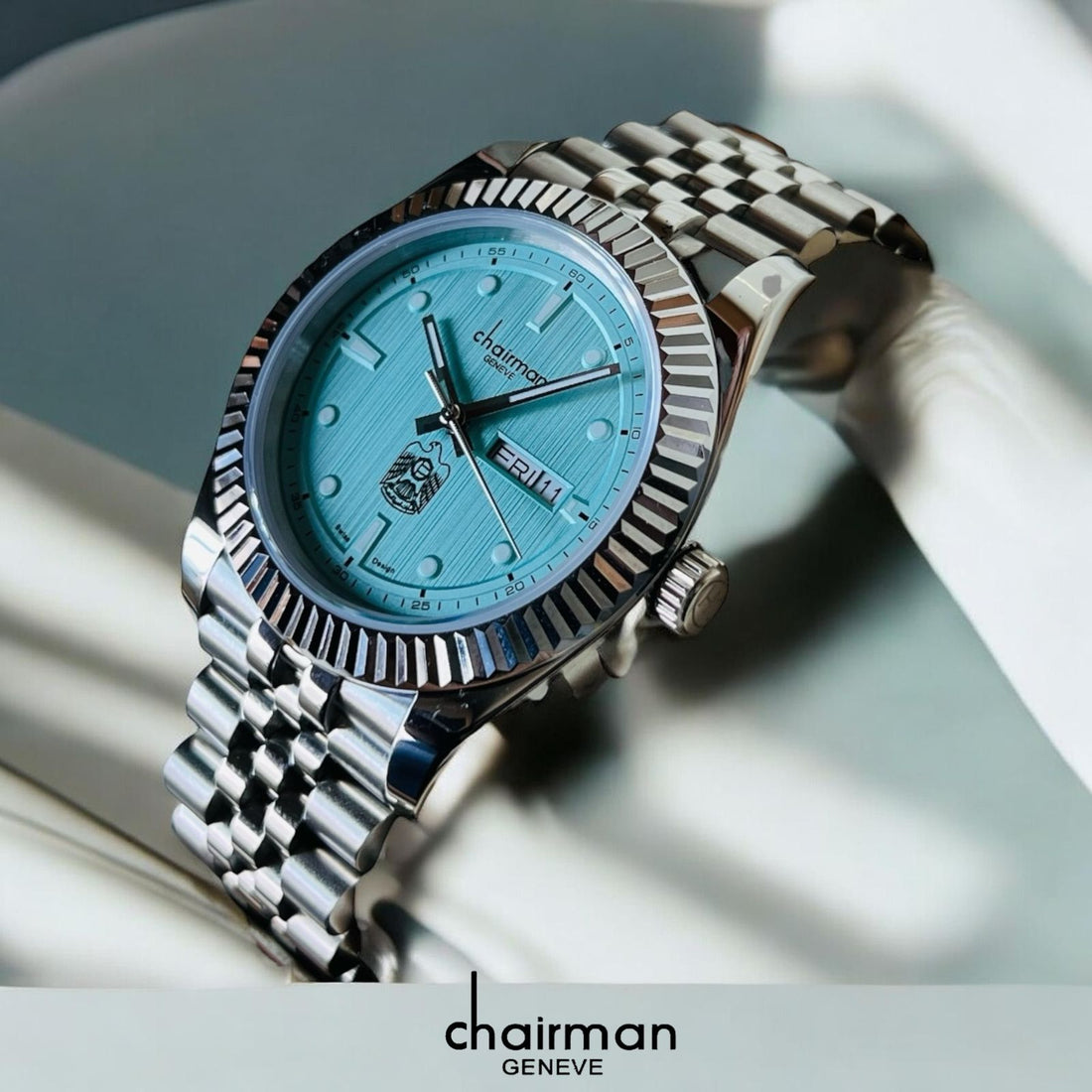 Chairman Geneve UAE Emblem Day And Dated Baby Blue Dial Silver Chain Gents Watch