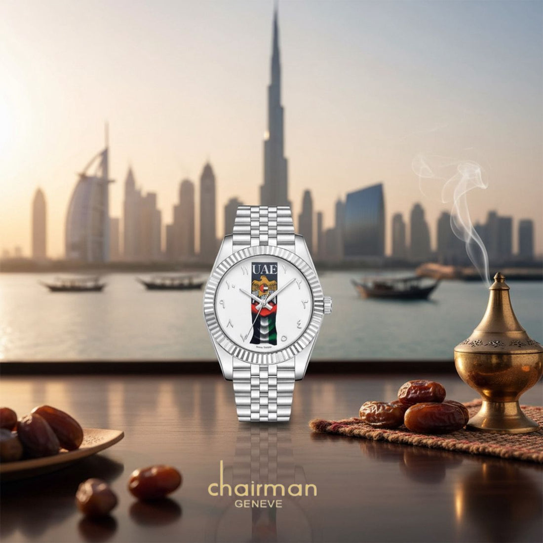 Chairman Geneve UAE Emblem Flag Arabic White Dial Silver Chain Gents Watch