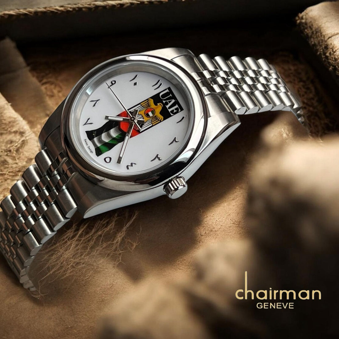Chairman Geneve UAE Emblem Flag Arabic White Dial Silver Chain Gents Watch
