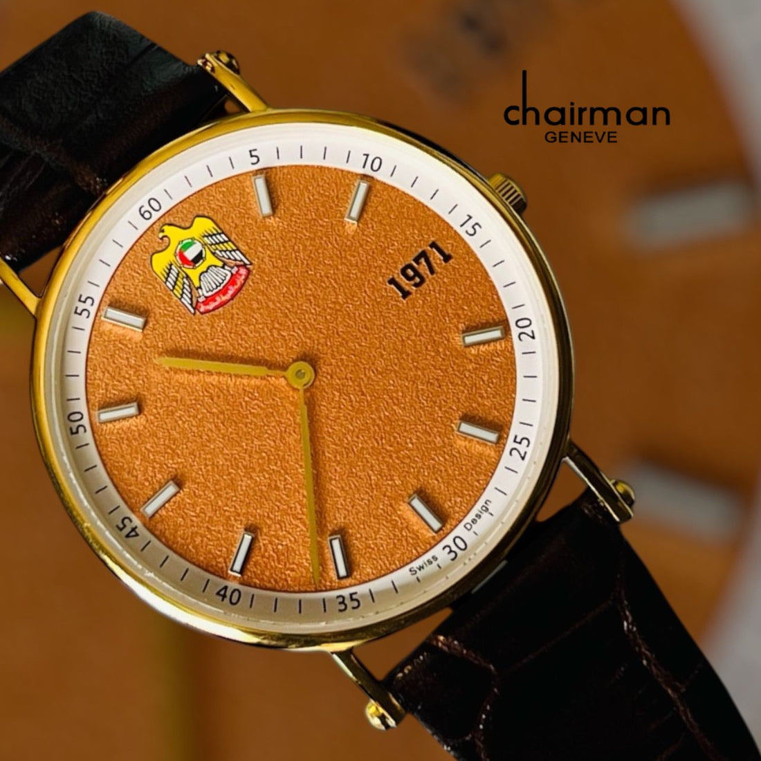 Chairman Geneve UAE Emblem Golden Dial Black Strap Gents Watch