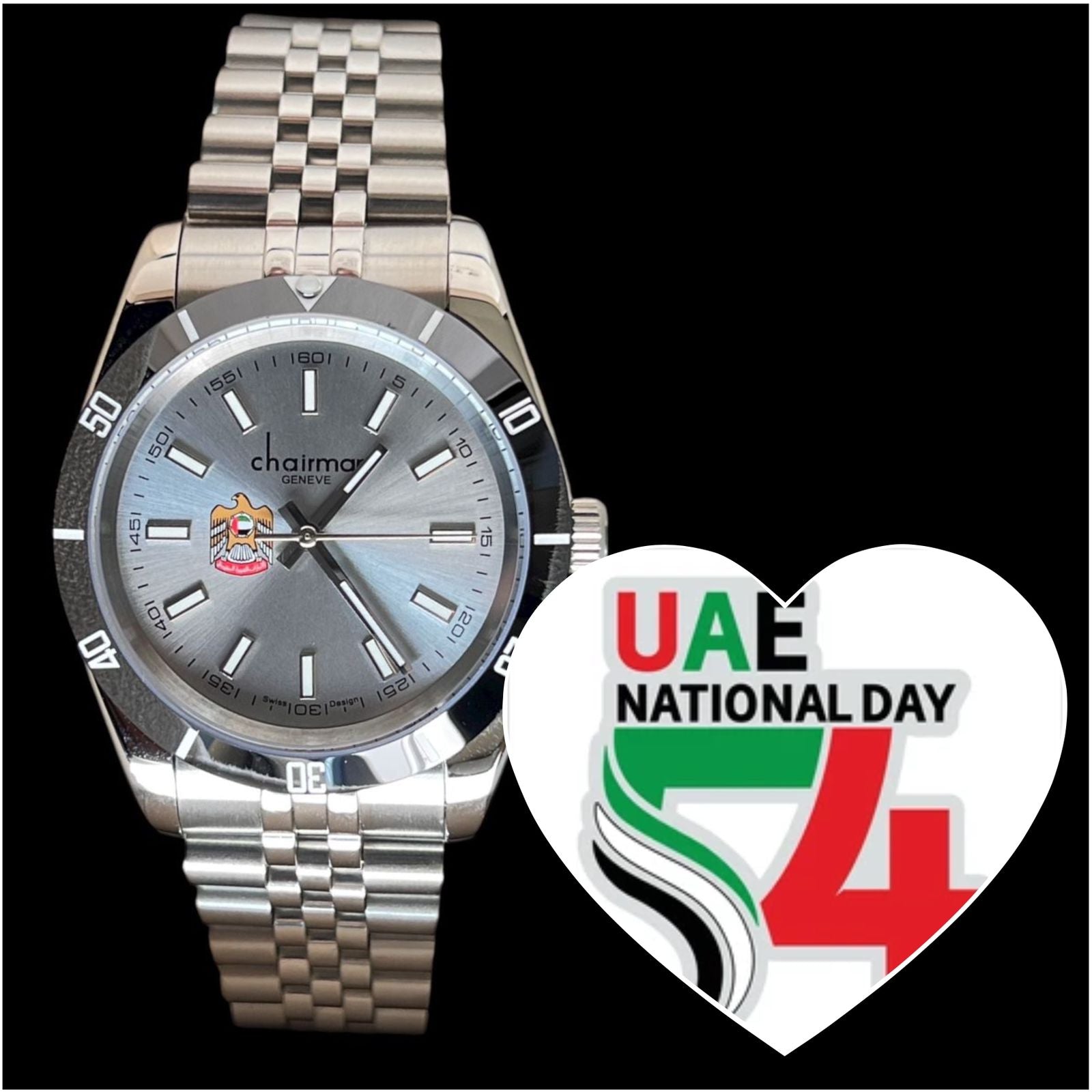 Chairman Geneve UAE Emblem Grey Dial Silver Chain Gents Watch